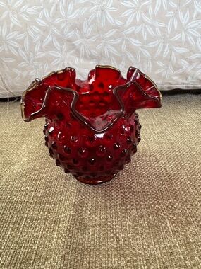 Red Hobnail Glass Ruffled Vase - Decorative Home Accent